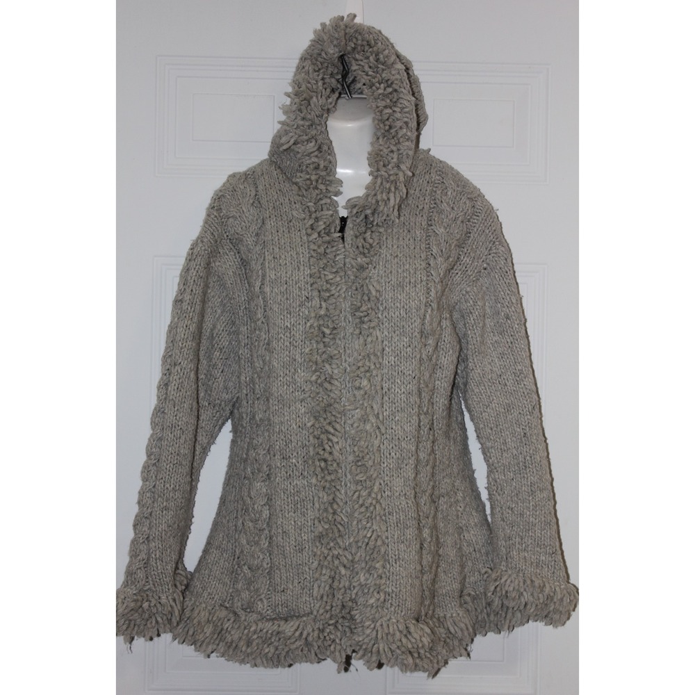 SISANDINA Ecuador 100% Wool Hooded‎ Knit Cardigan Sweater Handmade Fringe Heavy